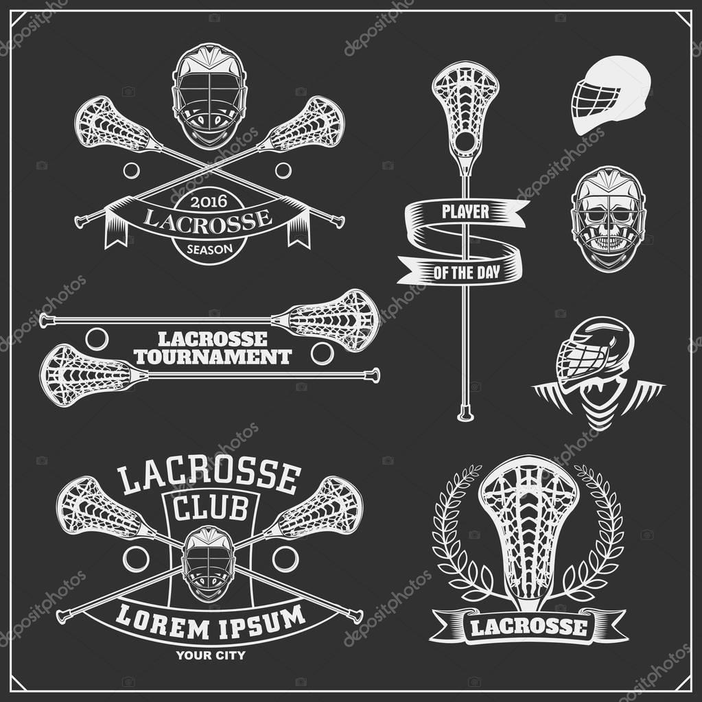 Lacrosse club labels, emblems, design elements and silhouettes of the players.