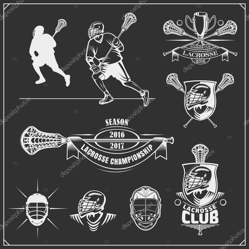 Lacrosse club labels, emblems, design elements and silhouettes of the players.