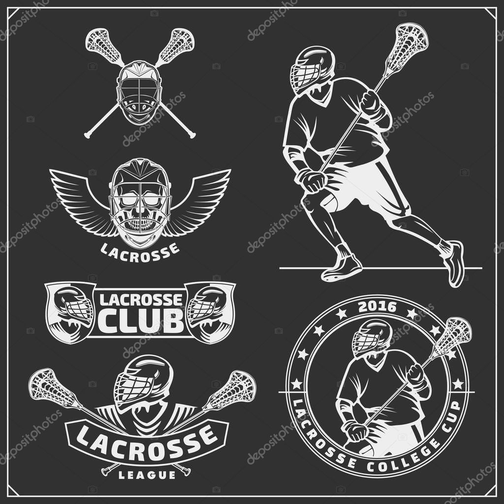 Lacrosse club labels, emblems, design elements and silhouettes of the players.