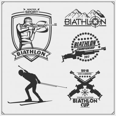 Biatlon Amblemler kümesi. Kış spor çizimler.