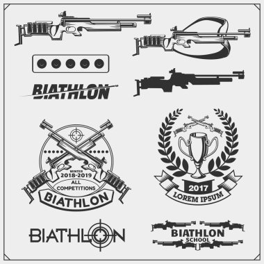 Biatlon Amblemler kümesi. Kış spor çizimler.