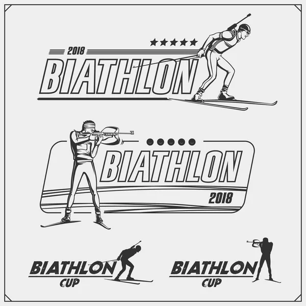 Set Biatlon Emblemen Winter Sport Illustraties — Stockvector
