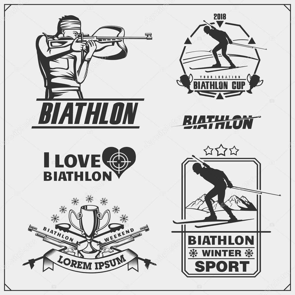 Set of biathlon emblems. Winter sport illustrations.