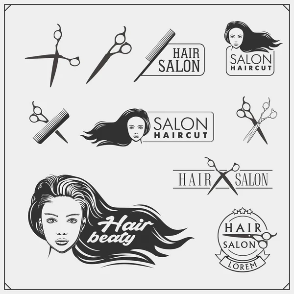 Emblemas Salão Beleza Com Rosto Feminino Design Para Cosméticos Cabeleireiro — Vetor de Stock