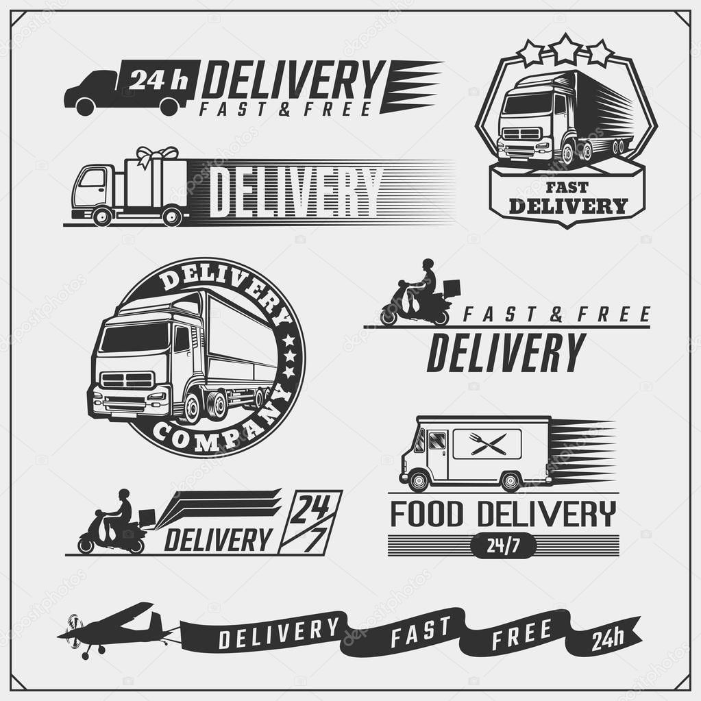 Delivery Service labels, emblems, badges and design elements. 24 Hours delivery. Vector monochrome Illustration. 