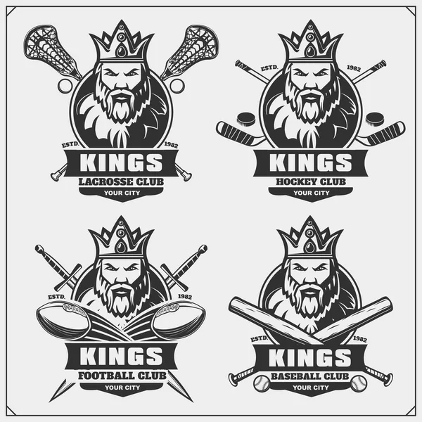 曲棍球 棒球和曲棍球标志和标志 体育俱乐部徽章与国王 — 图库矢量图片