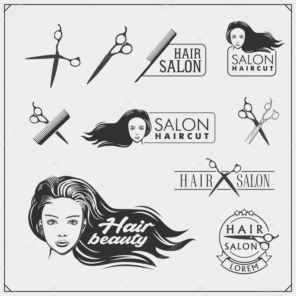 Beauty salon emblems with female face. Design for cosmetic, hairdressing and beauty salon.
