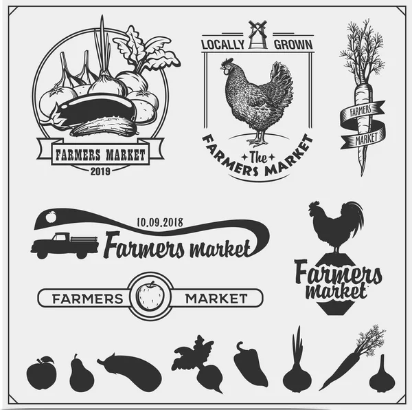 Set of farmers market emblems, logos and labels. Vector illustration.