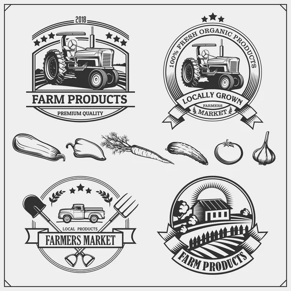 Conjunto Emblemas Logotipos Etiquetas Del Mercado Los Agricultores Ilustración Vectorial — Vector de stock