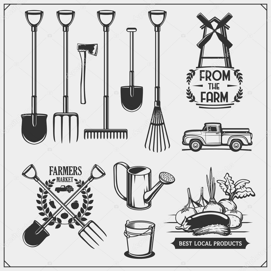 Vector set of farm and garden tools. Farmers market emblems.