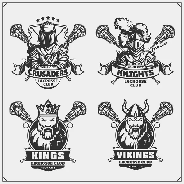 Lacrosse Clube Emblemas Com Viking Rei Cavaleiro Cruzado —  Vetores de Stock
