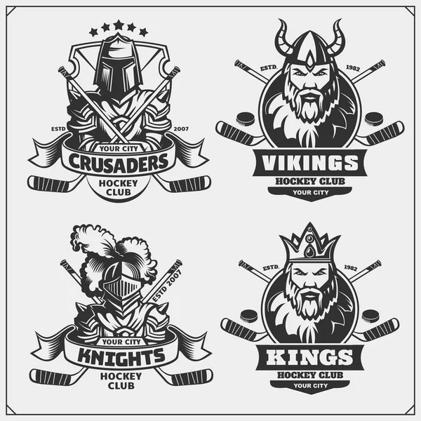 曲棍球徽章 标签和设计元素 运动俱乐部标志与十字军 骑士并且维京 — 图库矢量图片