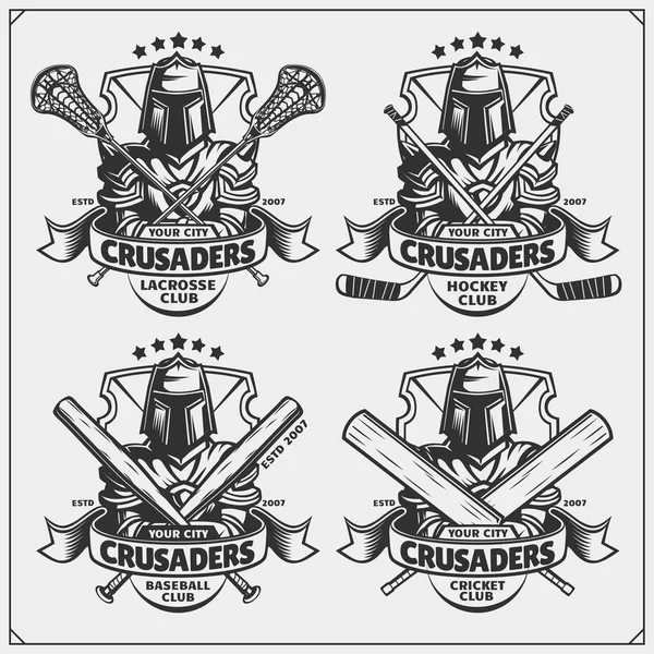 Kriket Baseball Lakros Hokejové Loga Štítky Sportovní Klub Emblémy Crusader — Stockový vektor