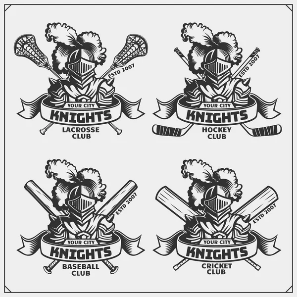 Logotipos Etiquetas Cricket Béisbol Lacrosse Hockey Emblemas Del Club Deportivo — Vector de stock