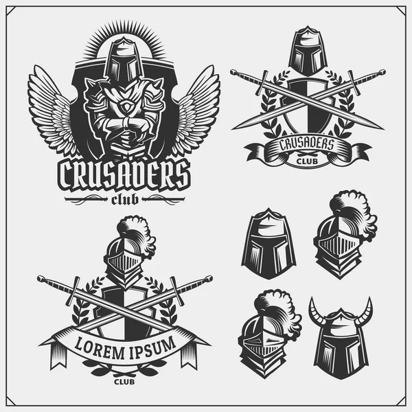 Vector Set Medieval Warrior Knight Emblems Logos Labels Badges Emblems — Stock Vector