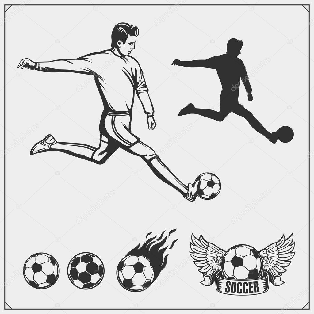 Set of vector soccer emblems, labels and design elements. Player silhouettes.