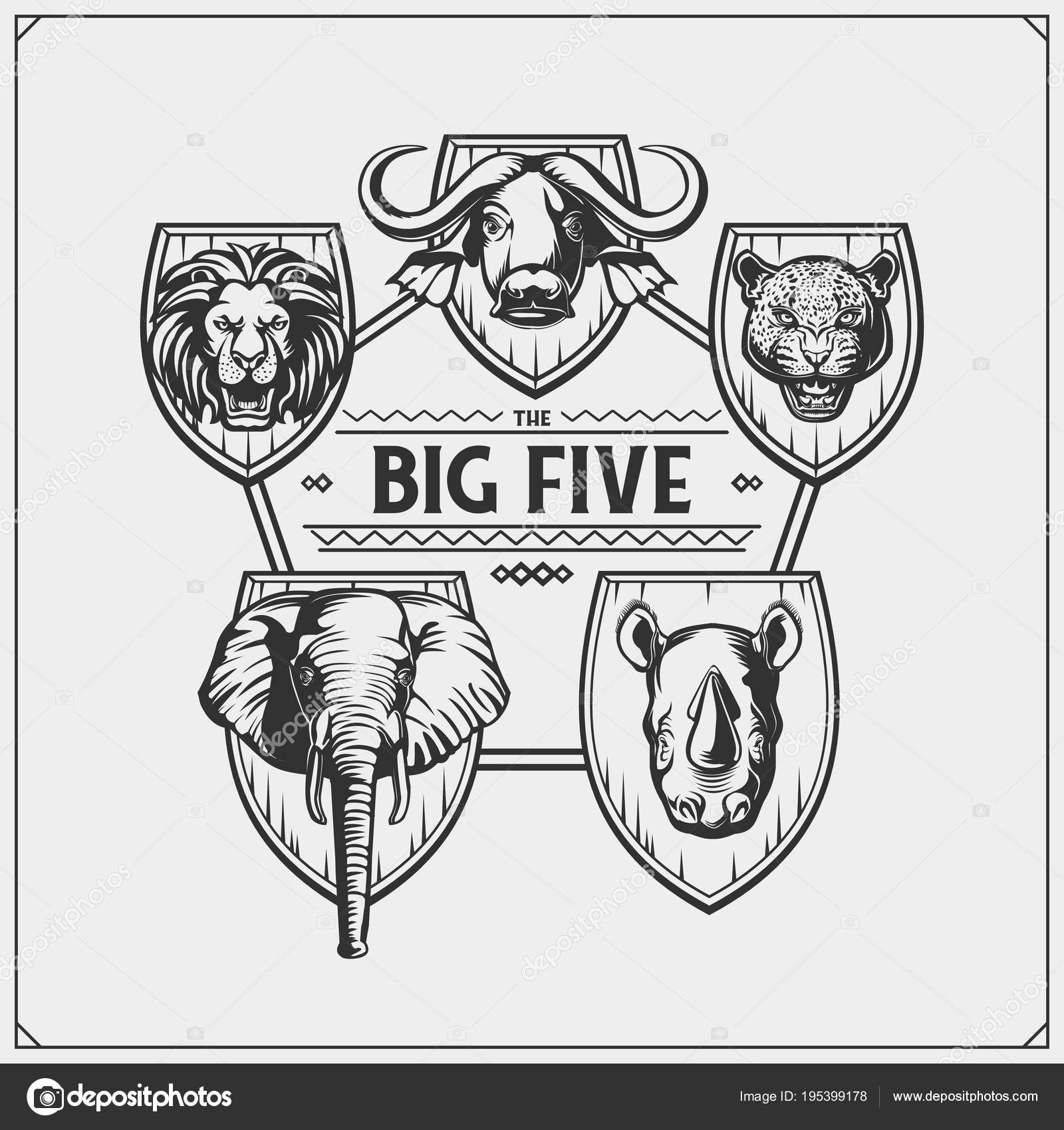 Safari Emblem Big Five Animals Lion Elephant Rhino Leopard Buffalo Stock  Vector Image by ©malashkos #195399178