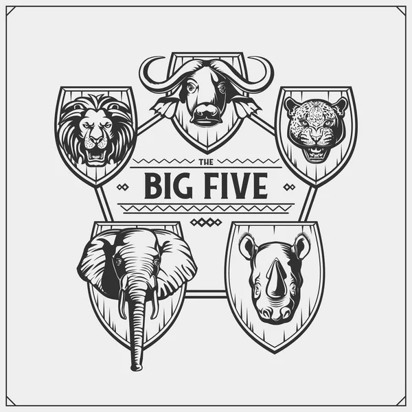 Safari Emblem Mit Großen Fünf Tieren Löwe Elefant Nashorn Leopard — Stockvektor