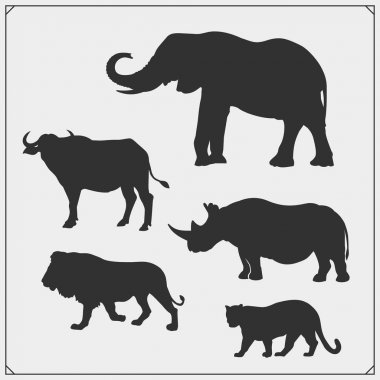 Büyük beş hayvanlar siluetleri kümesi. Aslan, fil, Gergedan, leopar ve buffalo.