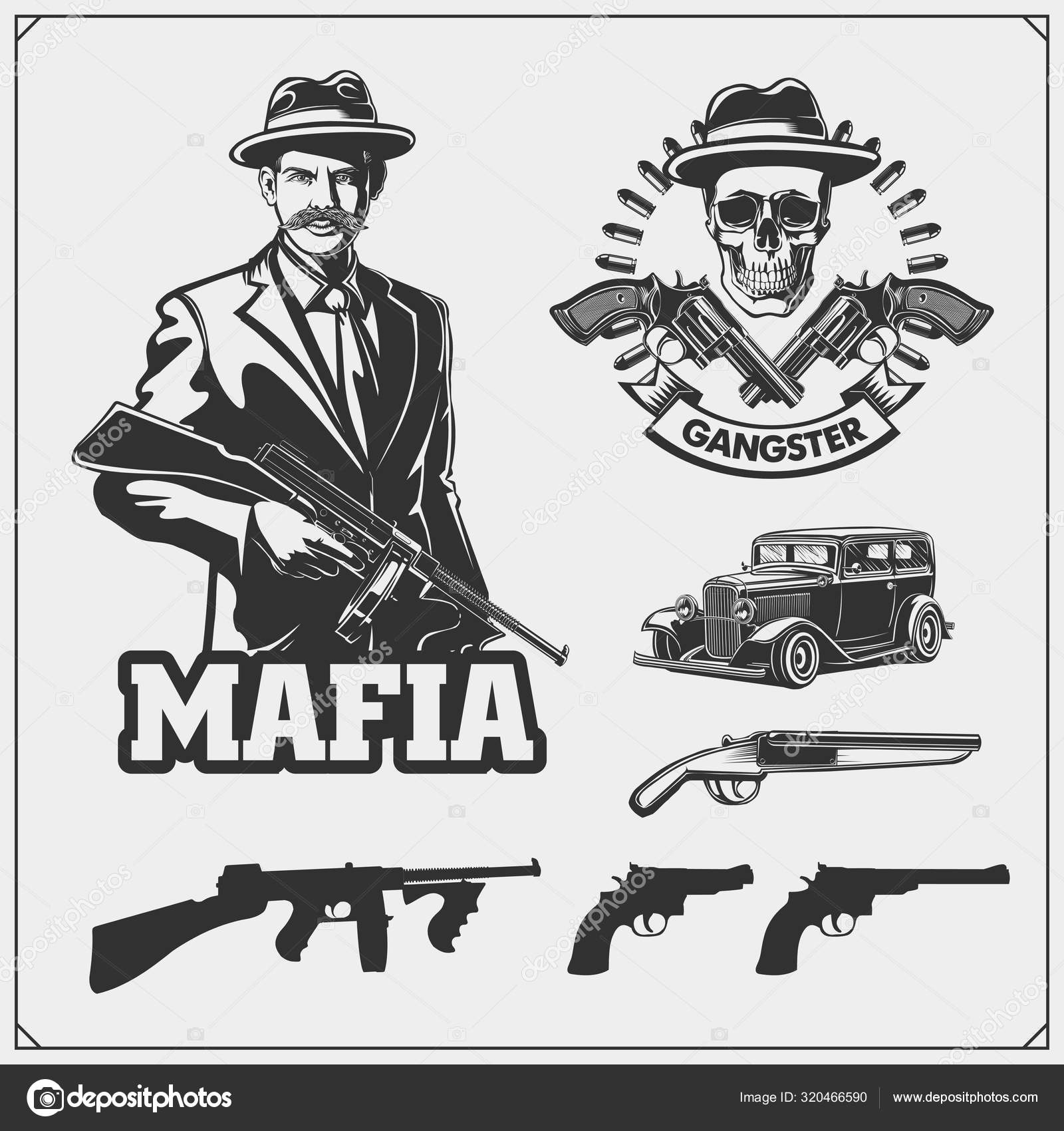 Набор Гангстеров Мафиозных Эмблем Этикеток Элементов Дизайна.