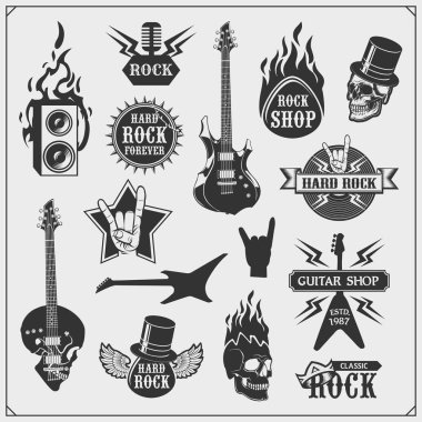 Rock 'n' Roll ve Hard Rock müzik amblemleri, semboller, etiketler ve tasarım elemanları. Tişört için yazıcı tasarımı.