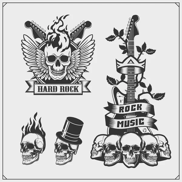 Rock Roll Hard Rock Emblemas Música Símbolos Rótulos Elementos Design —  Vetores de Stock