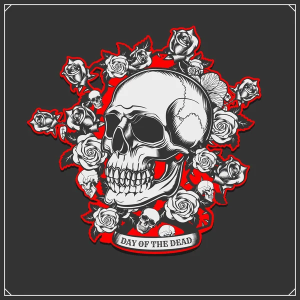 Dia Emblema Crânio Morto Crânio Rosas Tatuagem Crânio Design Impressão — Vetor de Stock