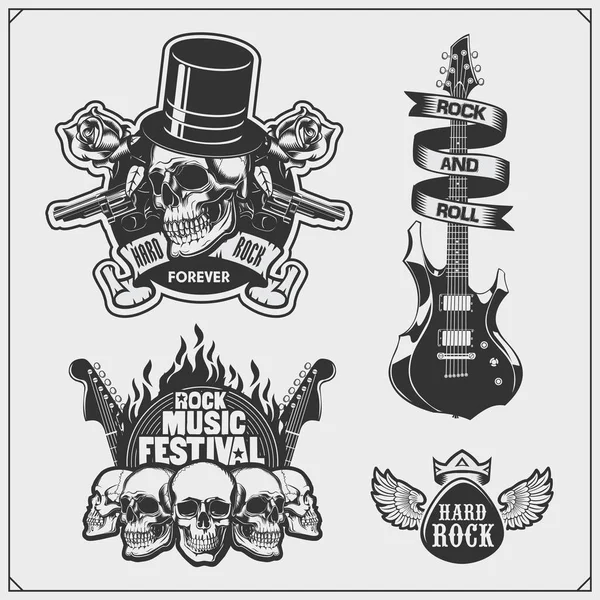 Rock'n'Roll and Hard Rock music emblems, symbols, labels and design elements. Print design for t-shirt.