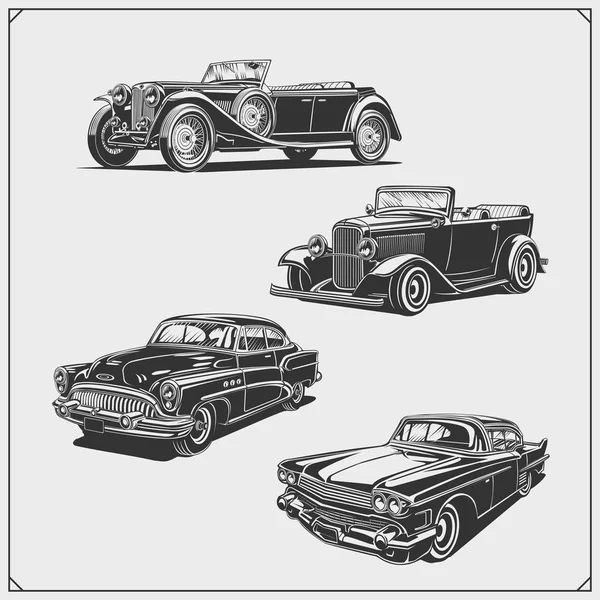 Oldtimers Instellen Retro Auto Garage Oldtimers Spier Etiketten Emblemen Ontwerpelementen — Stockvector