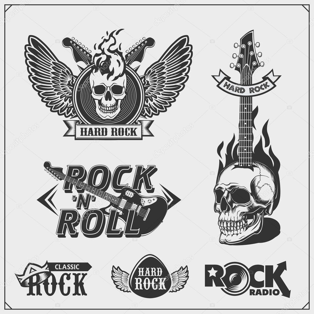 Rock'n'Roll and Hard Rock music emblems, symbols, labels and design elements. Print design for t-shirt.