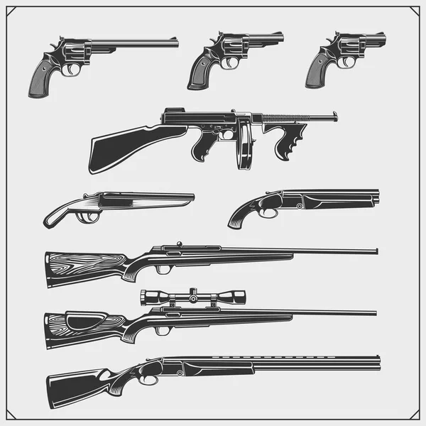 Coleção Armas Revólveres Espingardas Metralhadoras Espingardas Ilustração Monocromática Vetorial — Vetor de Stock