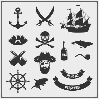 Korsan simgeleri, amblemler ve tasarım elementleri. Gemi, çapa ve Jolly Roger.