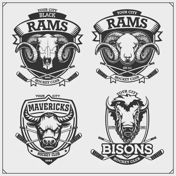 Hockey Badges Labels Design Elementen Sportclub Emblemen Met Ram Stier — Stockvector