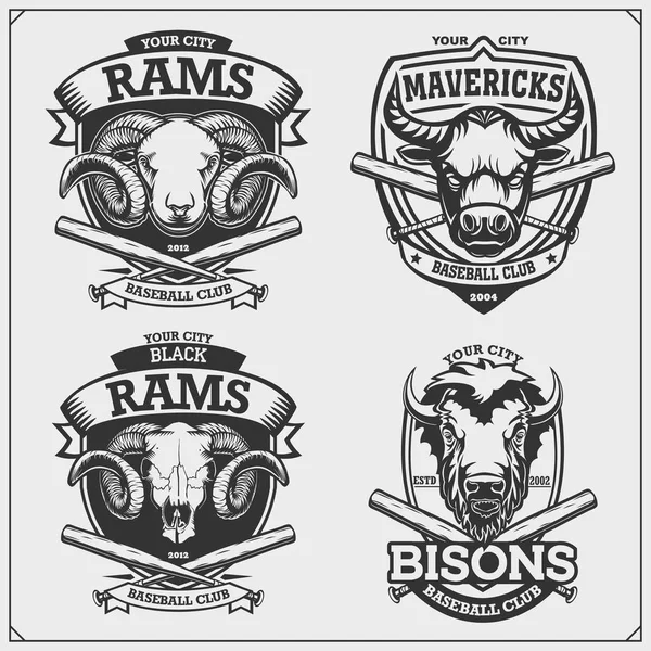 野球バッジ ラベル デザイン要素 スポーツクラブはラム 牛とバイソンを象徴しています Tシャツのプリントデザイン — ストックベクタ