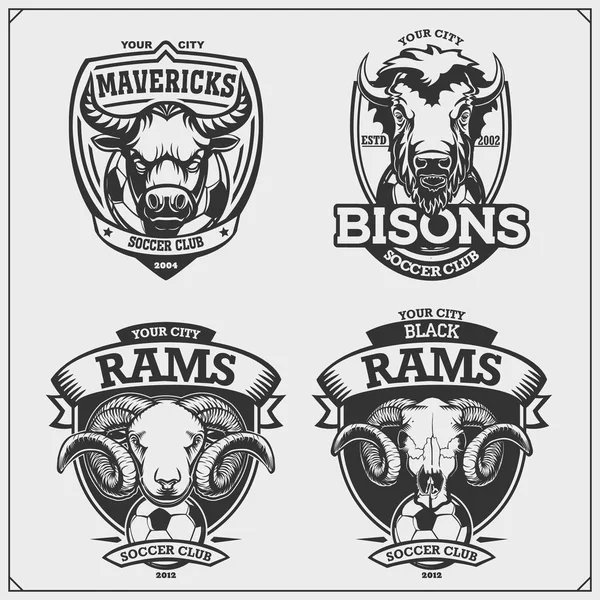 Conjunto Emblemas Fútbol Fútbol Insignias Logotipos Etiquetas Con Toro Bisonte — Vector de stock