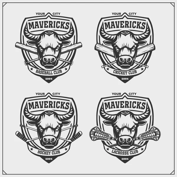 Cricket Baseball Lacrosse Hockey Labels Sport Club Emblems Bull Mavericks — 스톡 벡터