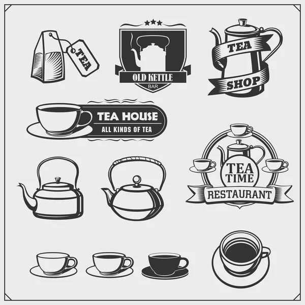 Vektor Embleme Von Teeladen Und Teepunkten Teekannen Und Wasserkocher Set — Stockvektor