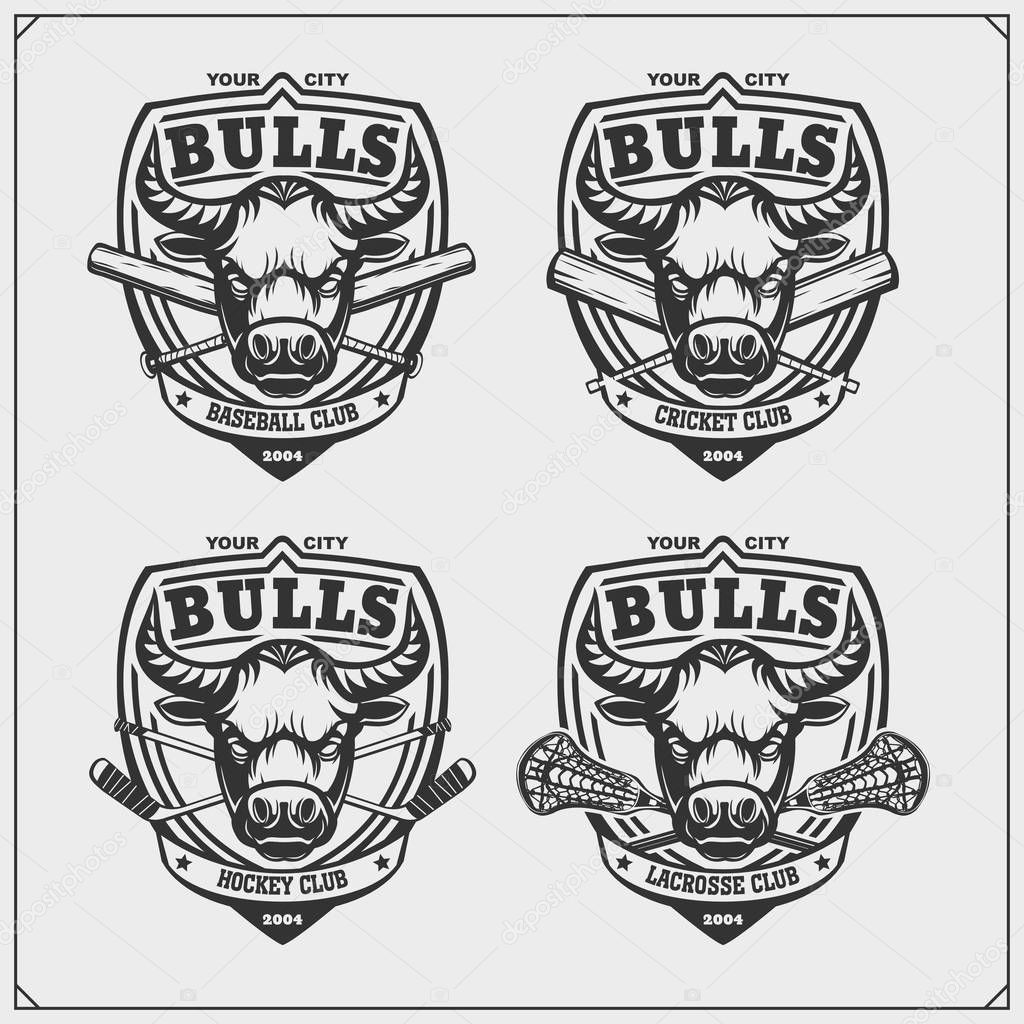 Cricket, baseball, lacrosse and hockey labels. Sport club emblems with bull. Print design for t-shirt.