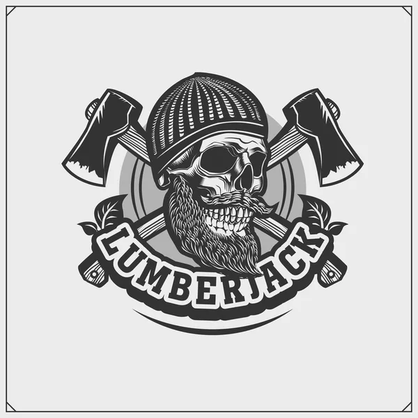 Lumberjack Emblem Skull Vintage Style Print Design Shirt — Stock Vector
