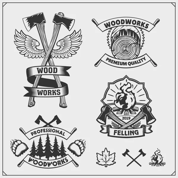 Set Etichette Lumberjack Badge Elementi Design Falegnameria Emblemi Fatti Mano — Vettoriale Stock