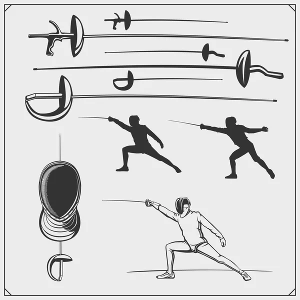 Set Fencing Sport Emblems Fencer Helmet Swordsman Equipment Vector Monochrome — Stock Vector