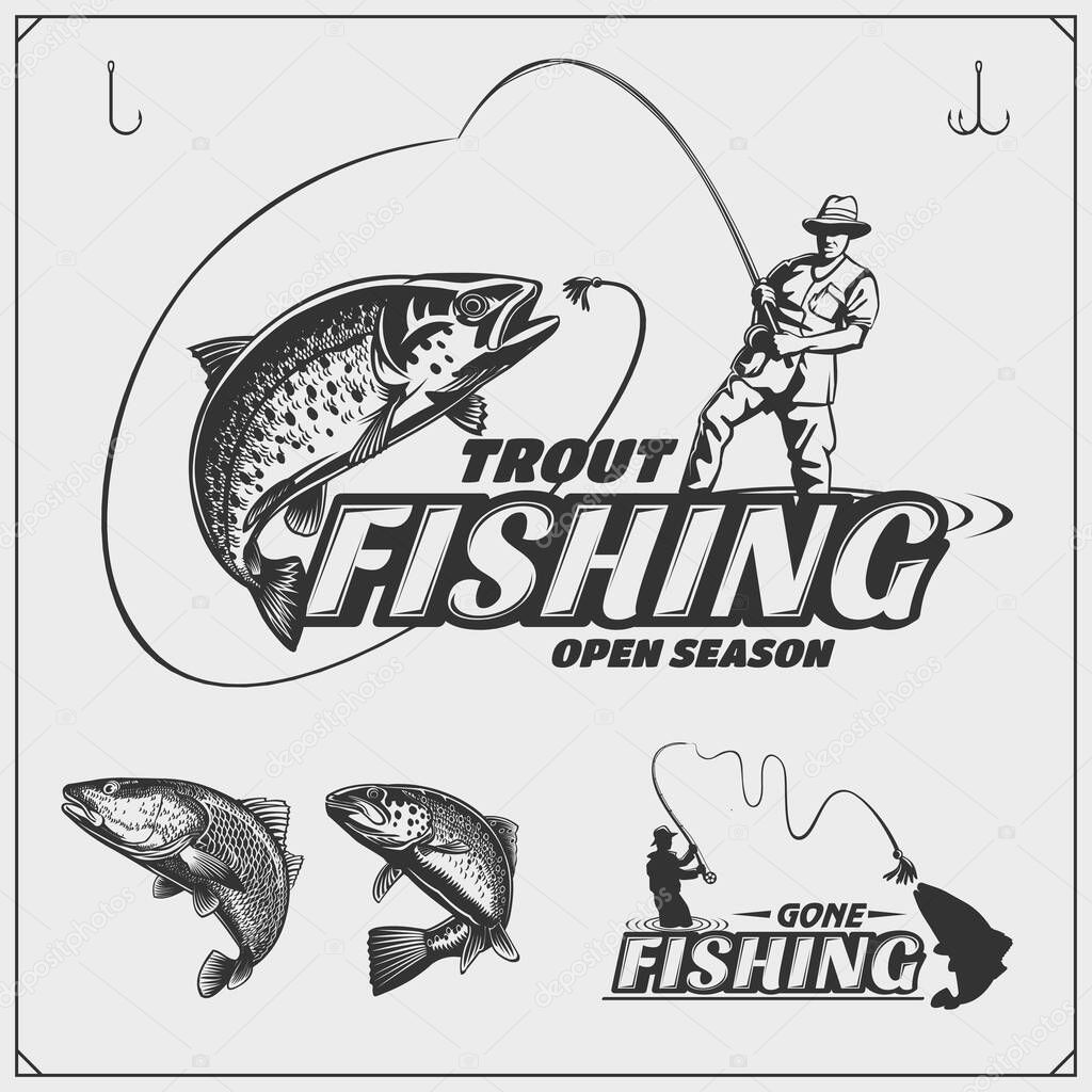 Set of retro fishing labels, badges, emblems and design elements. Vintage style design.