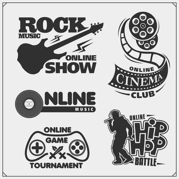 Stay Home Cinema Game Tournament Show Online Icons Labels Design — Stock Vector