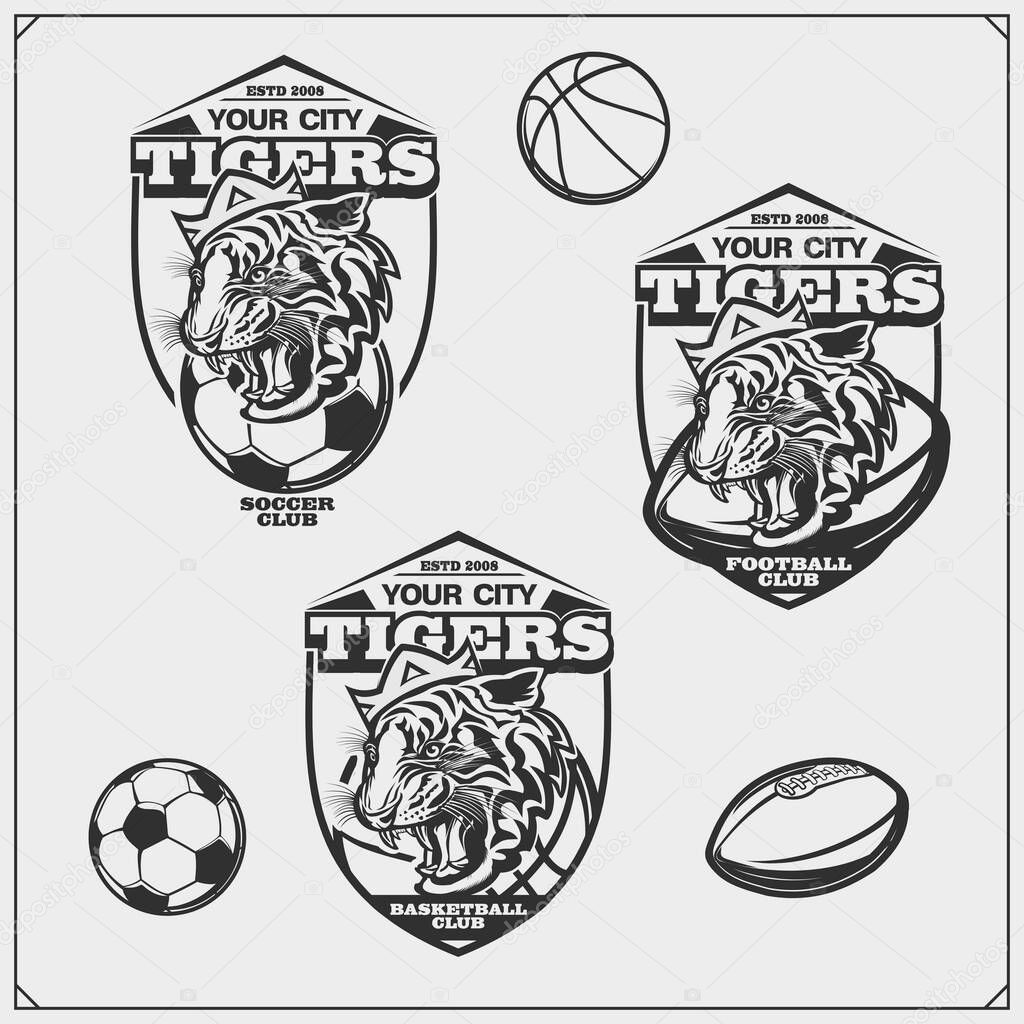 Basketball, soccer and football logos and labels. Sport club emblems with tiger. Print design for t-shirt.