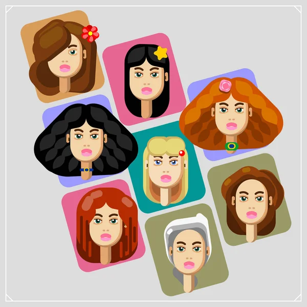 Ensemble Différentes Filles Avec Différentes Coiffures Couleurs Cheveux Illustration Style — Image vectorielle