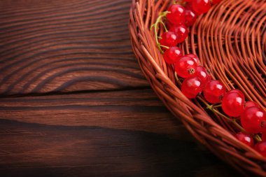 Olgun kırmızı kuş üzümü koyu kahverengi ahşap masa üzerinde kahverengi bir sepetle güzel bir kısmi bileşimi. Renkli parlak Frenk üzümü sağlıklı vitamin dolu. 