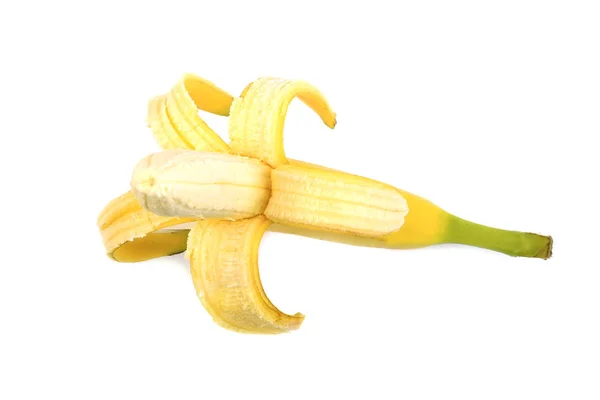 Friss, érett és ízletes meghámozott banán. Hámozott érett banán, elszigetelt fehér background. — Stock Fotó