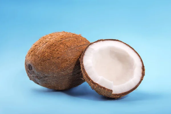 在饱和蓝色背景上的美味椰子。热带椰子切成块。营养丰富的有机成分. — 图库照片