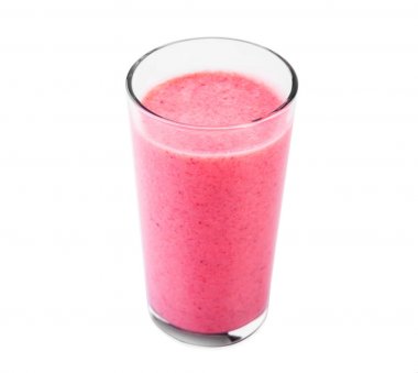 Şeffaf bir cam çilek yoğurt, beyaz bir arka plan üzerinde izole. Taze çilek ve organik sütten çilekli yoğurt dolu cam.