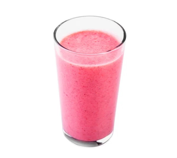 Erdbeerjoghurt in einem transparenten Glas, isoliert auf weißem Hintergrund. Glas voll Erdbeerjoghurt aus frischen Erdbeeren und Bio-Milch. — Stockfoto